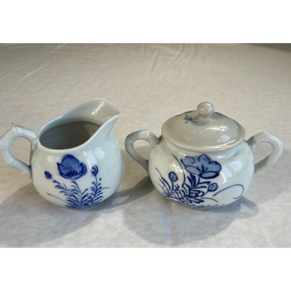 Vintage Asian Blue Danube Style Creamer & Sugar Bowl Set Lotus Flower Cobalt